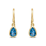 9ct Yellow Gold Pear Shaped Natural London Blue Topaz Rubover Wire Hook Drop Earrings — 6x4mm