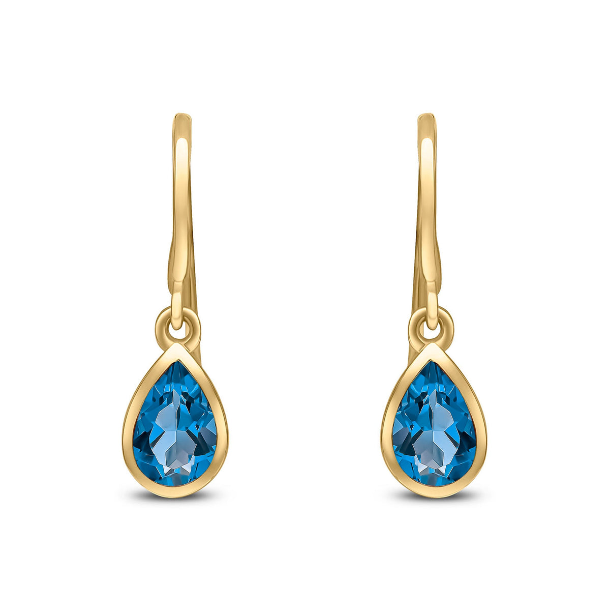 9ct Yellow Gold Pear Shaped Natural London Blue Topaz Rubover Wire Hook Drop Earrings — 6x4mm