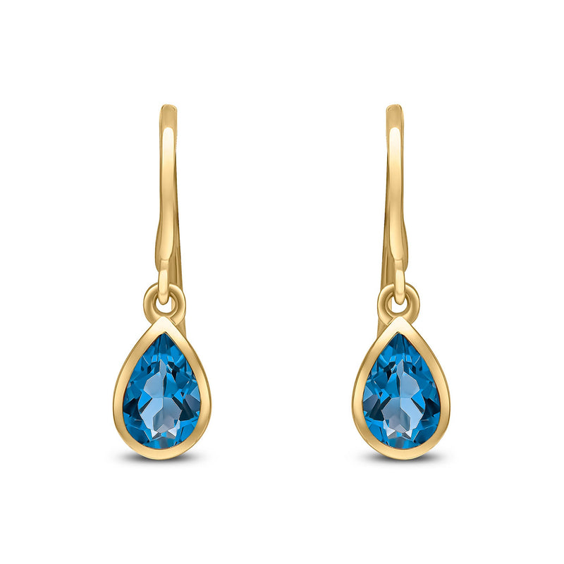 9ct Yellow Gold Pear Shaped Natural London Blue Topaz Rubover Wire Hook Drop Earrings — 6x4mm