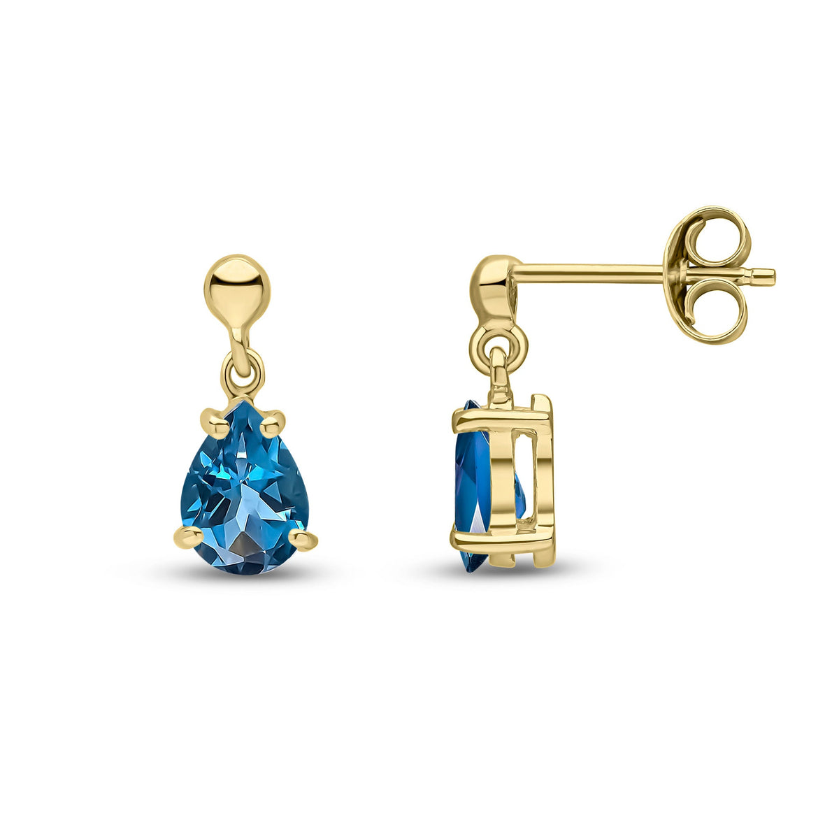 9ct Yellow Gold Pear Shaped Natural London Blue Topaz Claw Drop Earrings — 7x5mm