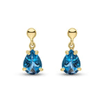 9ct Yellow Gold Pear Shaped Natural London Blue Topaz Claw Drop Earrings — 7x5mm