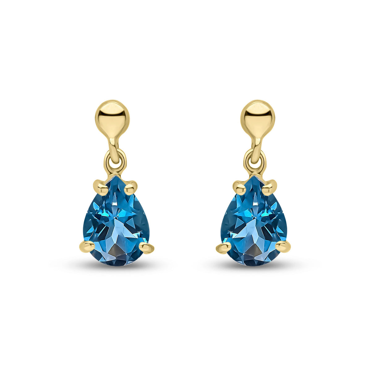 9ct Yellow Gold Pear Shaped Natural London Blue Topaz Claw Drop Earrings — 7x5mm
