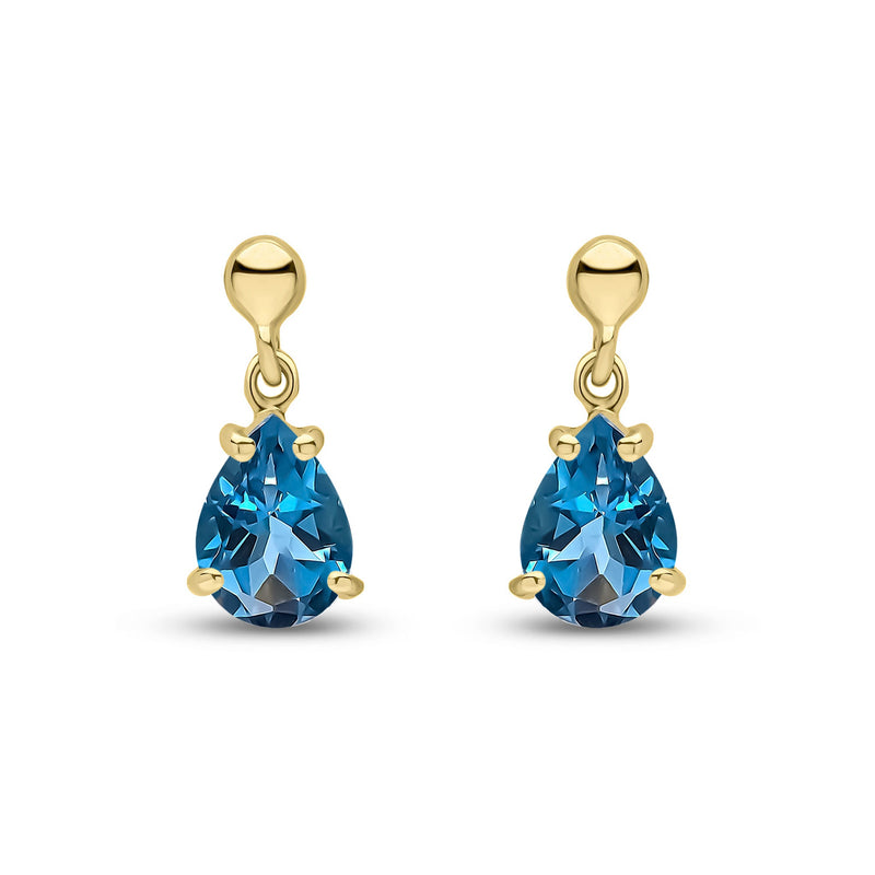 9ct Yellow Gold Pear Shaped Natural London Blue Topaz Claw Drop Earrings — 7x5mm