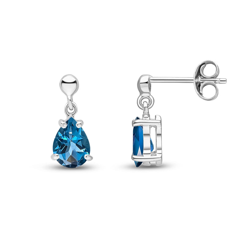 9ct White Gold Pear Shaped Natural London Blue Topaz Claw Drop Earrings — 7x5mm