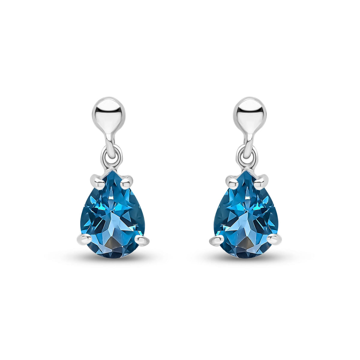 9ct White Gold Pear Shaped Natural London Blue Topaz Claw Drop Earrings — 7x5mm