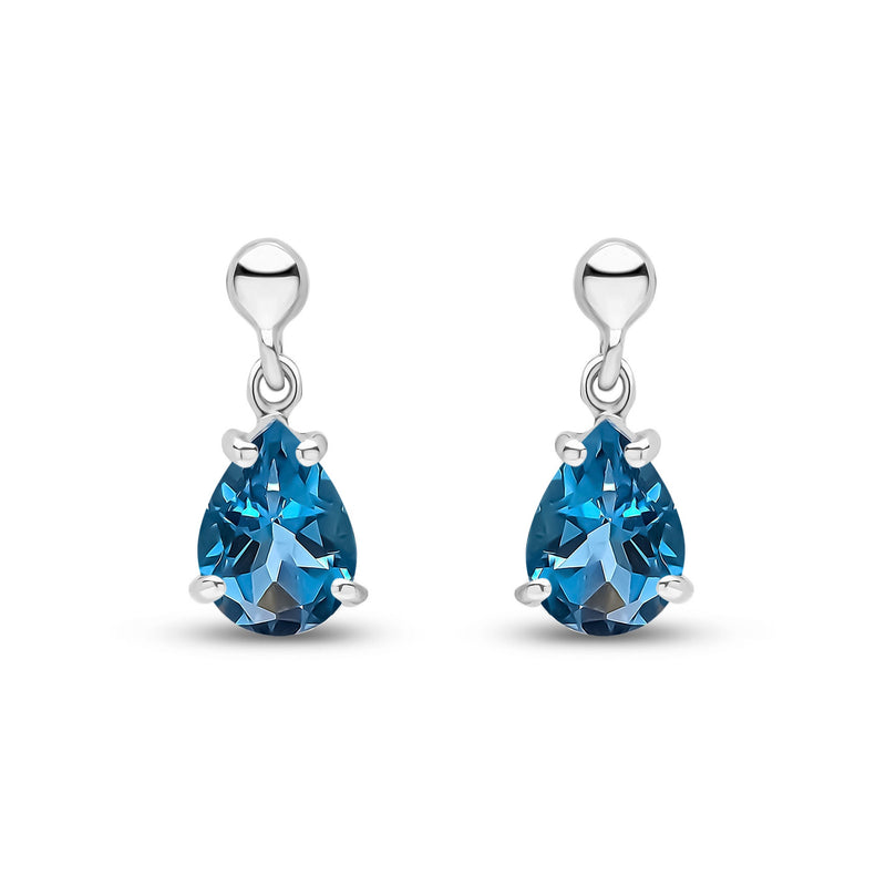 9ct White Gold Pear Shaped Natural London Blue Topaz Claw Drop Earrings — 7x5mm
