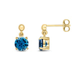 9ct Yellow Gold Round Natural London Blue Topaz Claw Drop Earrings with Bead Top — 6mm