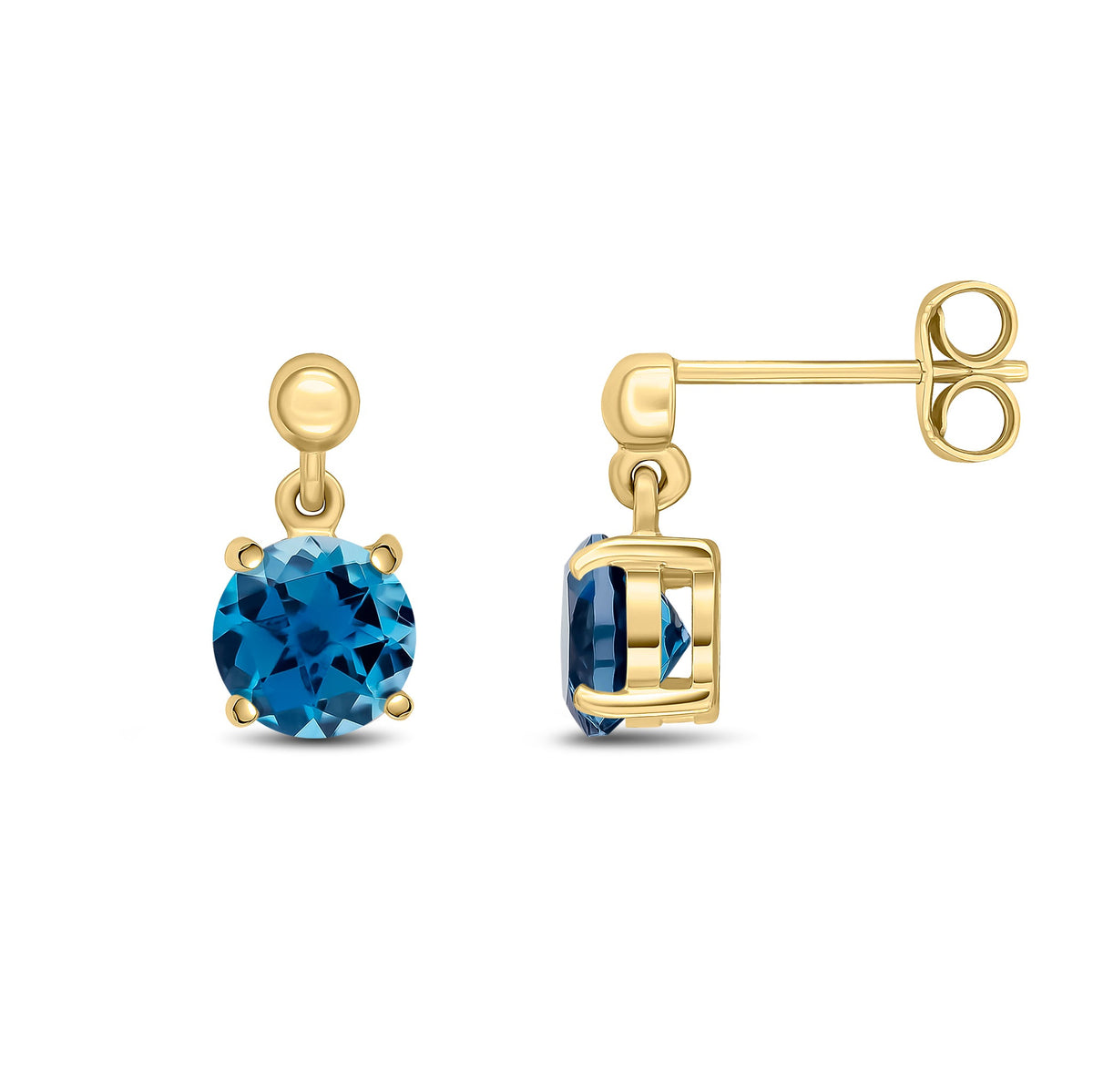 9ct Yellow Gold Round Natural London Blue Topaz Claw Drop Earrings with Bead Top — 6mm