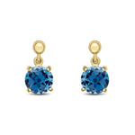 9ct Yellow Gold Round Natural London Blue Topaz Claw Drop Earrings with Bead Top — 6mm