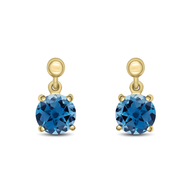 9ct Yellow Gold Round Natural London Blue Topaz Claw Drop Earrings with Bead Top — 6mm