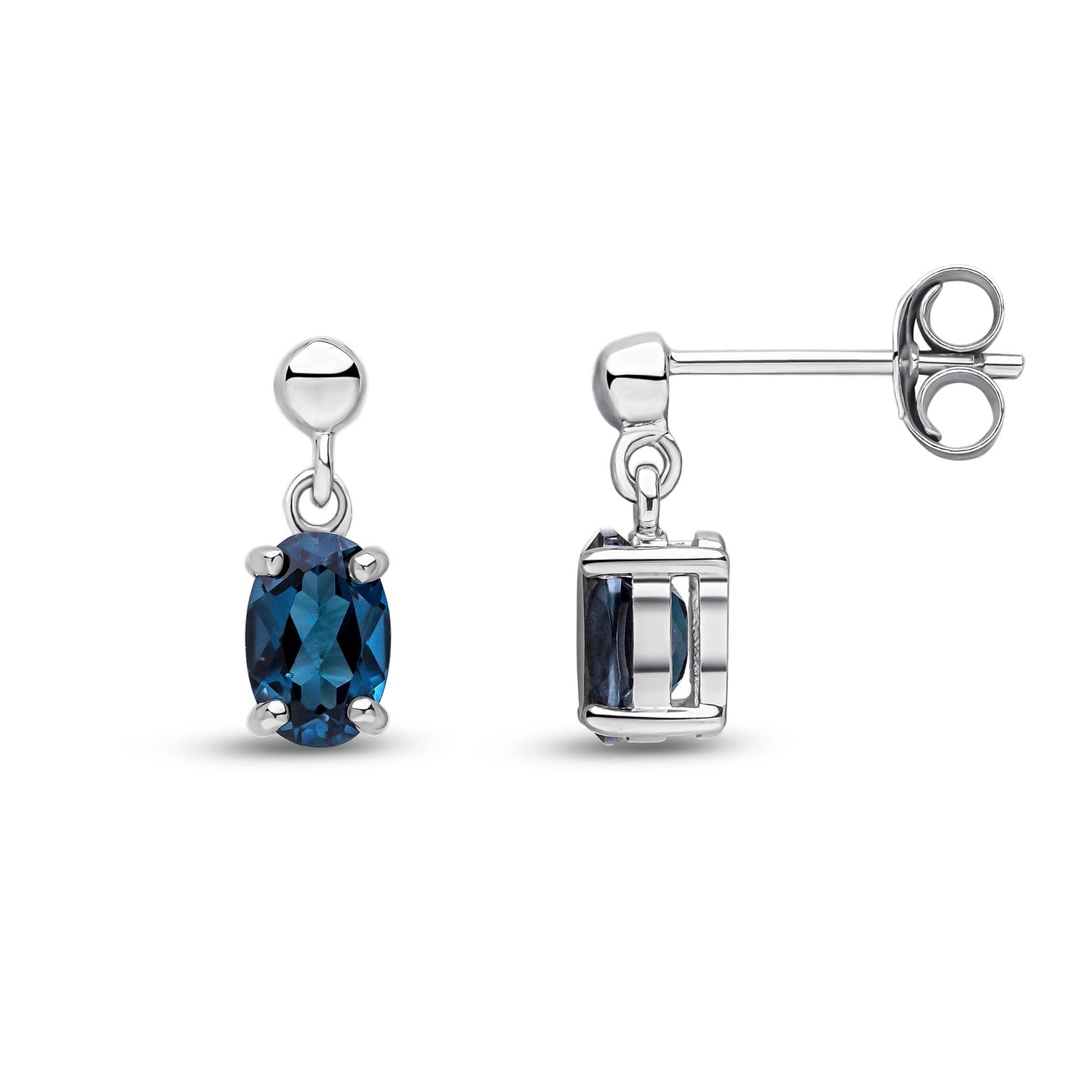 9ct White Gold Oval Natural London Blue Topaz Claw Drop Earrings — 6x4mm
