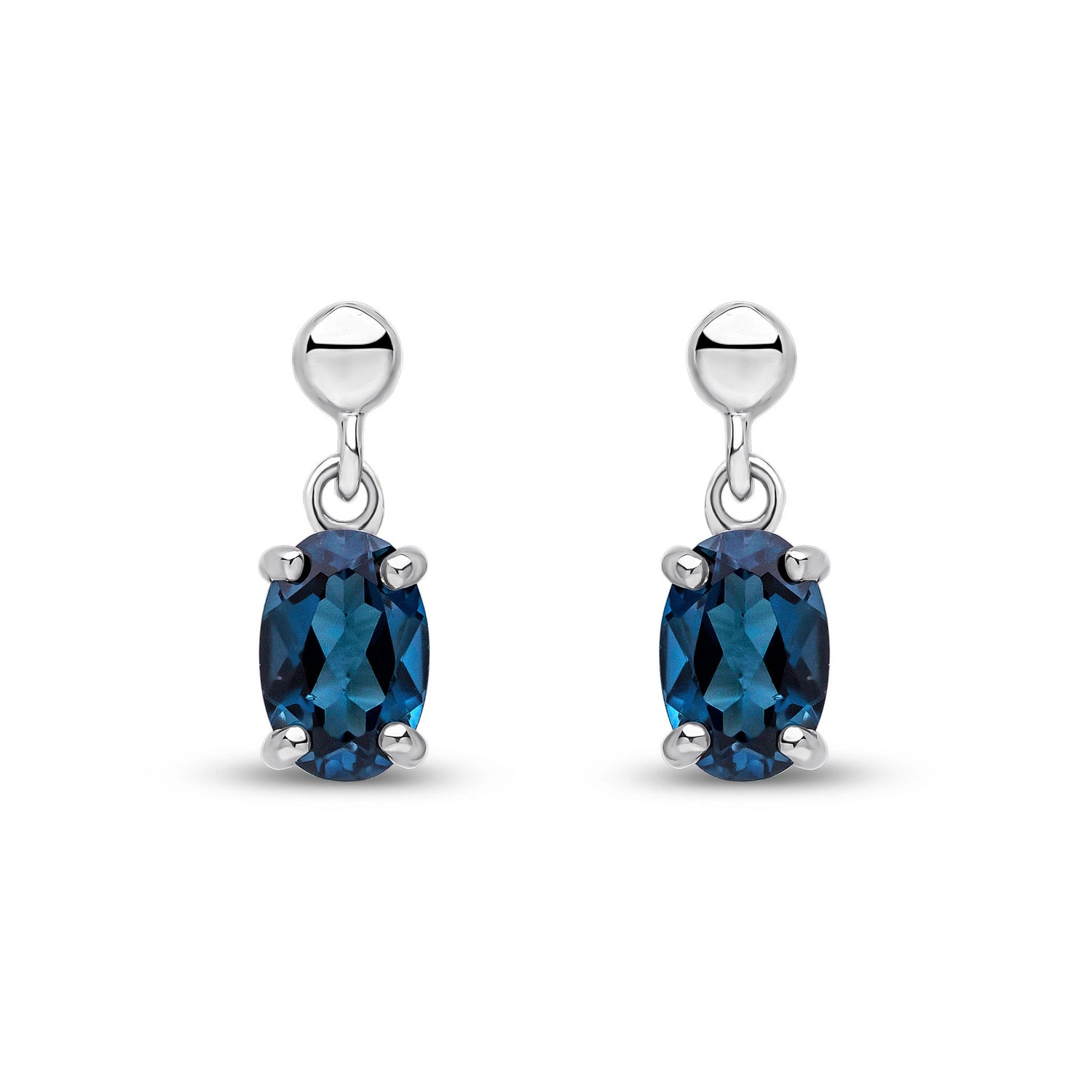 9ct White Gold Oval Natural London Blue Topaz Claw Drop Earrings — 6x4mm