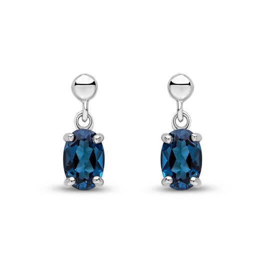 9ct White Gold Oval Natural London Blue Topaz Claw Drop Earrings — 6x4mm