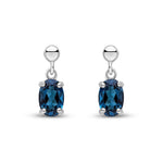 9ct White Gold Oval Natural London Blue Topaz Claw Drop Earrings with Bead Top — 6x4mm