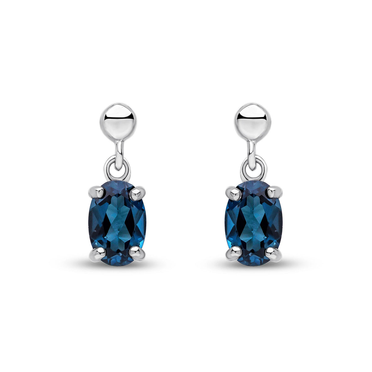 9ct White Gold Oval Natural London Blue Topaz Claw Drop Earrings with Bead Top — 6x4mm