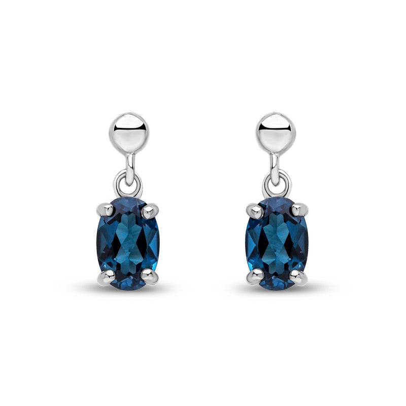 9ct White Gold Oval Natural London Blue Topaz Claw Drop Earrings with Bead Top — 6x4mm