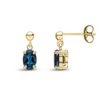 9ct Yellow Gold Oval Natural London Blue Topaz Claw Drop Earrings with Bead Top — 6x4mm