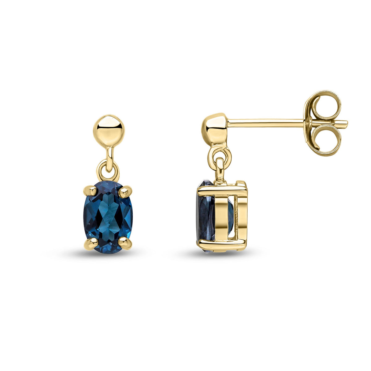 9ct Yellow Gold Oval Natural London Blue Topaz Claw Drop Earrings with Bead Top — 6x4mm