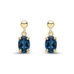 9ct Yellow Gold Oval Natural London Blue Topaz Claw Drop Earrings with Bead Top — 6x4mm