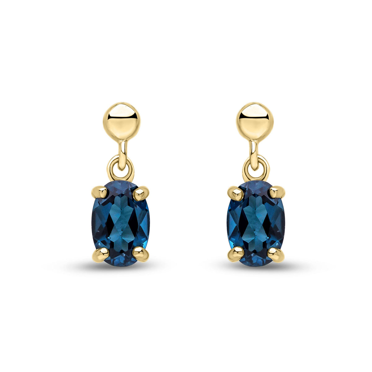 9ct Yellow Gold Oval Natural London Blue Topaz Claw Drop Earrings with Bead Top — 6x4mm