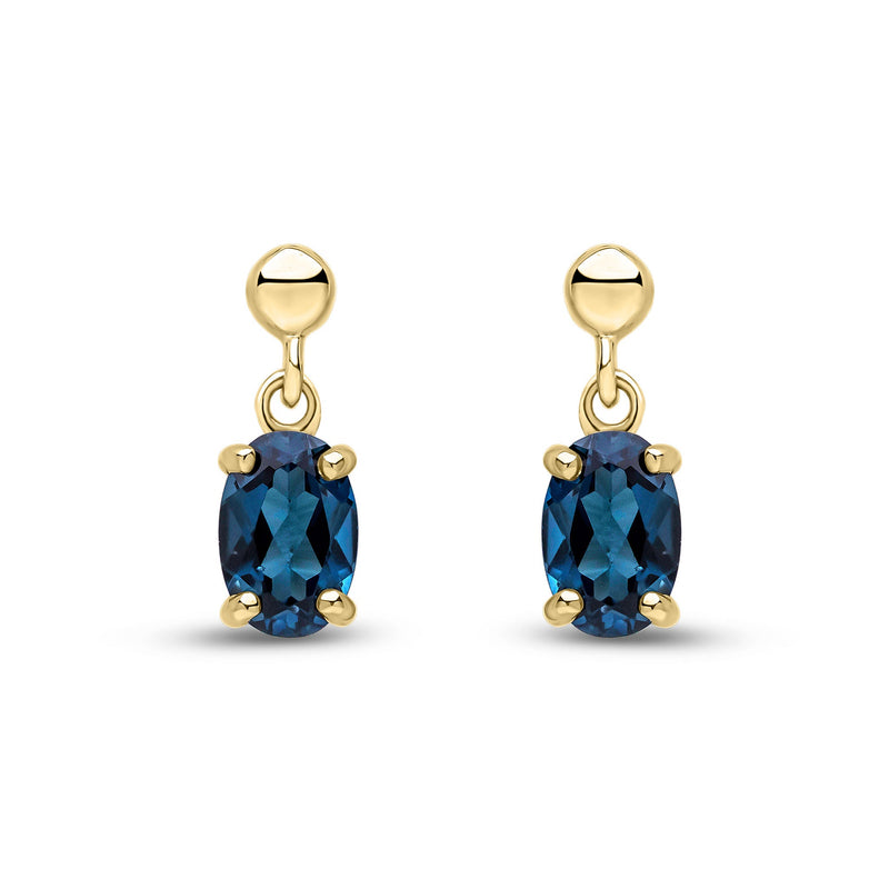 9ct Yellow Gold Oval Natural London Blue Topaz Claw Drop Earrings with Bead Top — 6x4mm