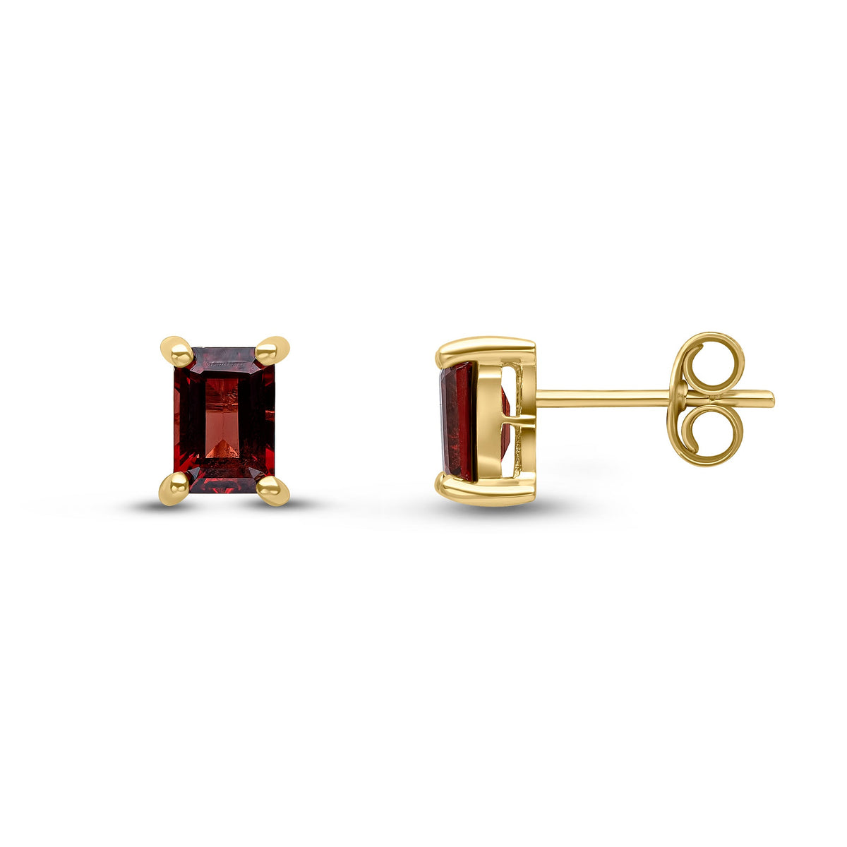 9ct Yellow Gold Octagonal Emerald Cut Natural Garnet Claw Stud Earrings — 6x4mm