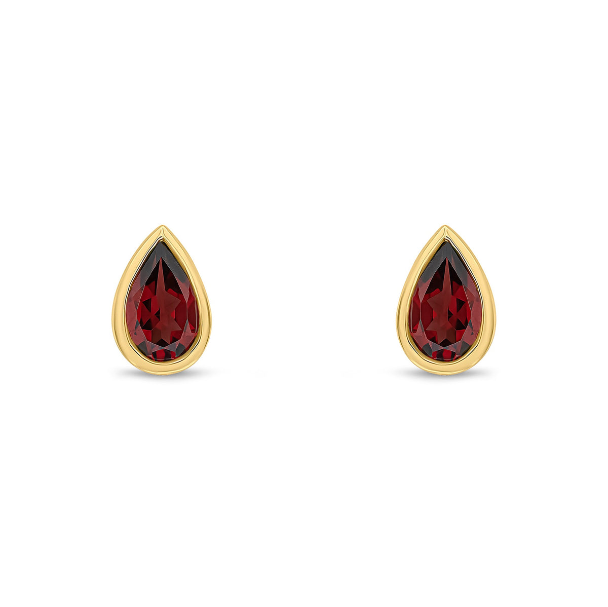 9ct Yellow Gold Pear Shaped Natural Garnet Rubover Stud Earrings — 5x3mm