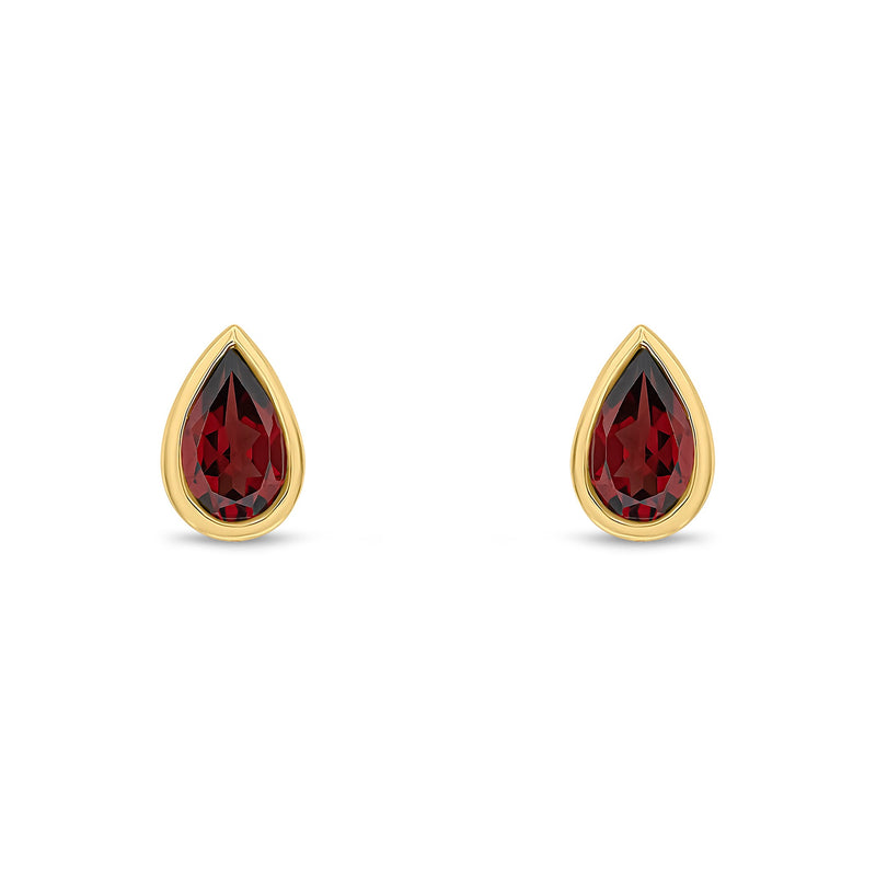 9ct Yellow Gold Pear Shaped Natural Garnet Rubover Stud Earrings — 5x3mm