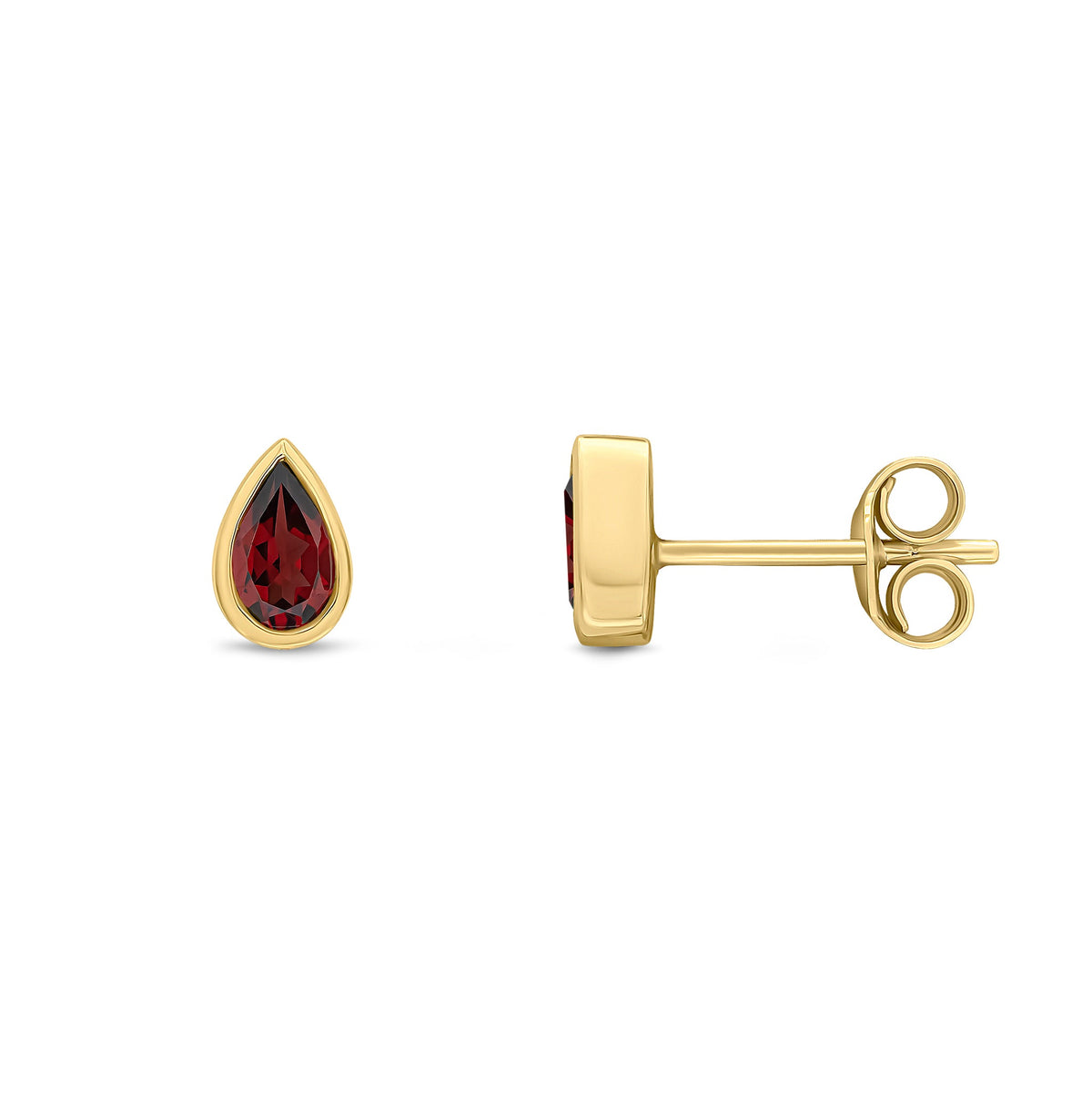 9ct Yellow Gold Pear Shaped Natural Garnet Rubover Stud Earrings — 5x3mm