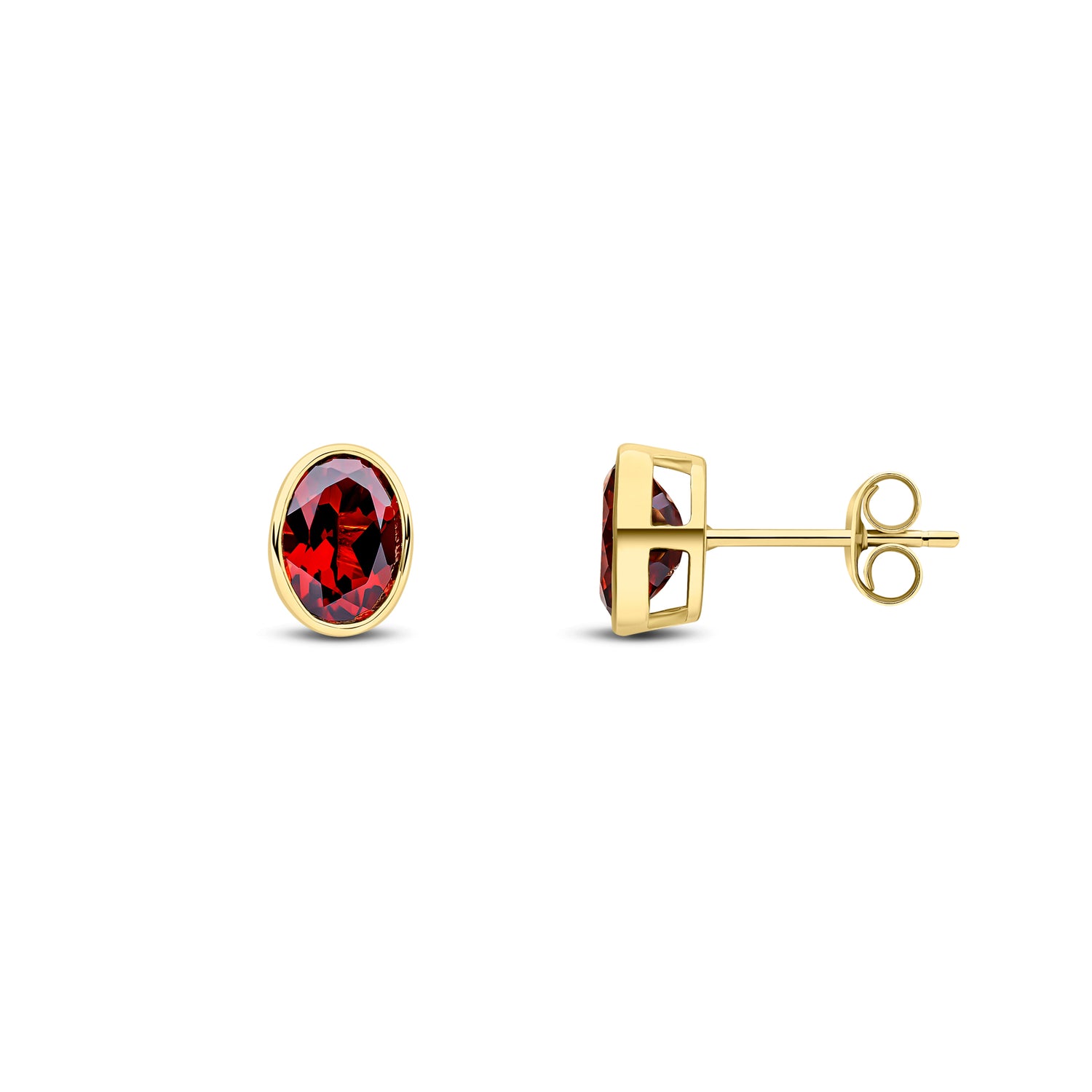 9ct Yellow Gold Oval Natural Garnet Rubover Stud Earrings — 7x5mm