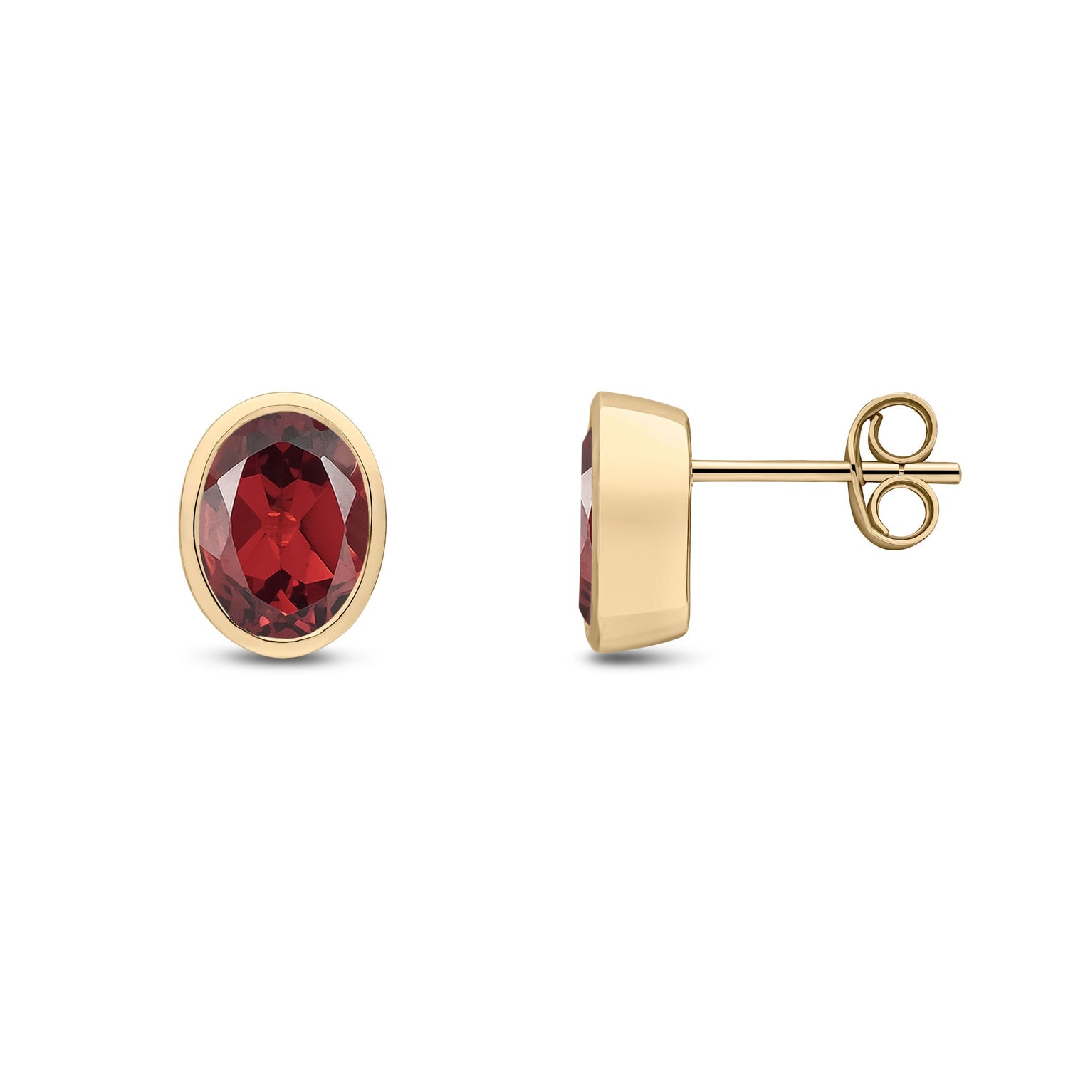 9ct Yellow Gold Oval Natural Garnet Rubover Stud Earrings — 8x6mm
