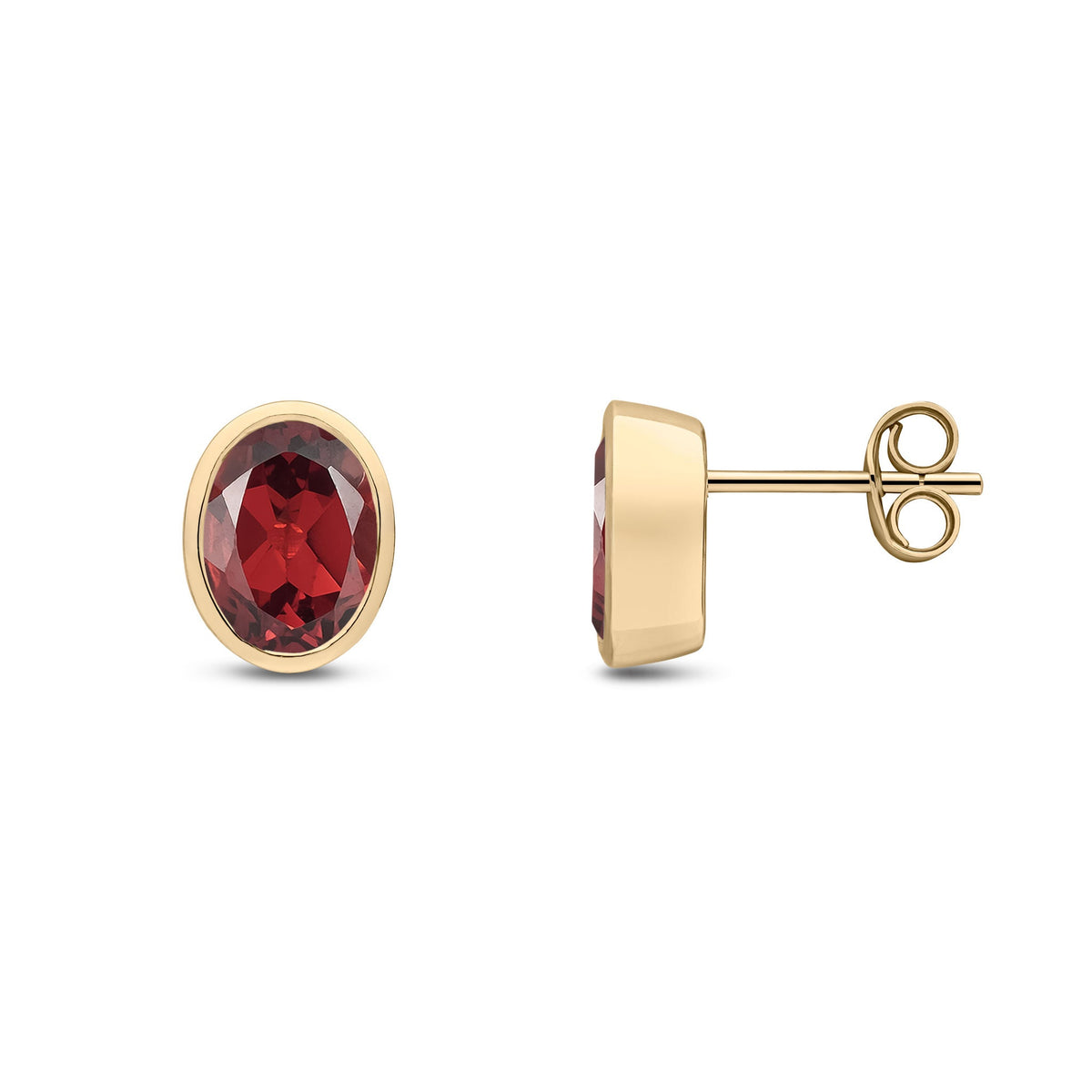 9ct Yellow Gold Oval Natural Garnet Rubover Stud Earrings — 8x6mm