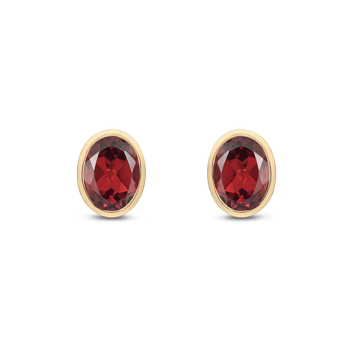 9ct Yellow Gold Oval Natural Garnet Rubover Stud Earrings — 8x6mm