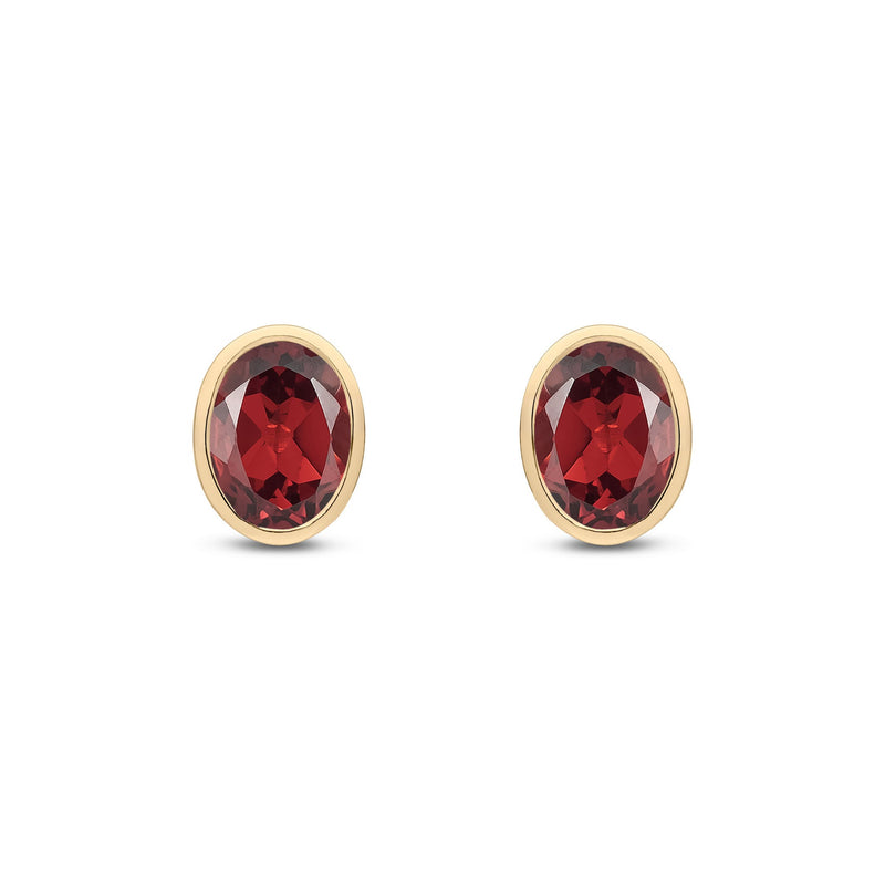 9ct Yellow Gold Oval Natural Garnet Rubover Stud Earrings — 8x6mm