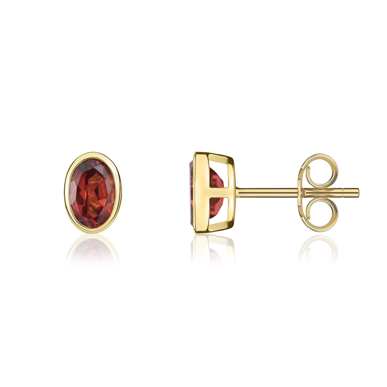 9ct Yellow Gold Oval Natural Garnet Rubover Stud Earrings — 6x4mm