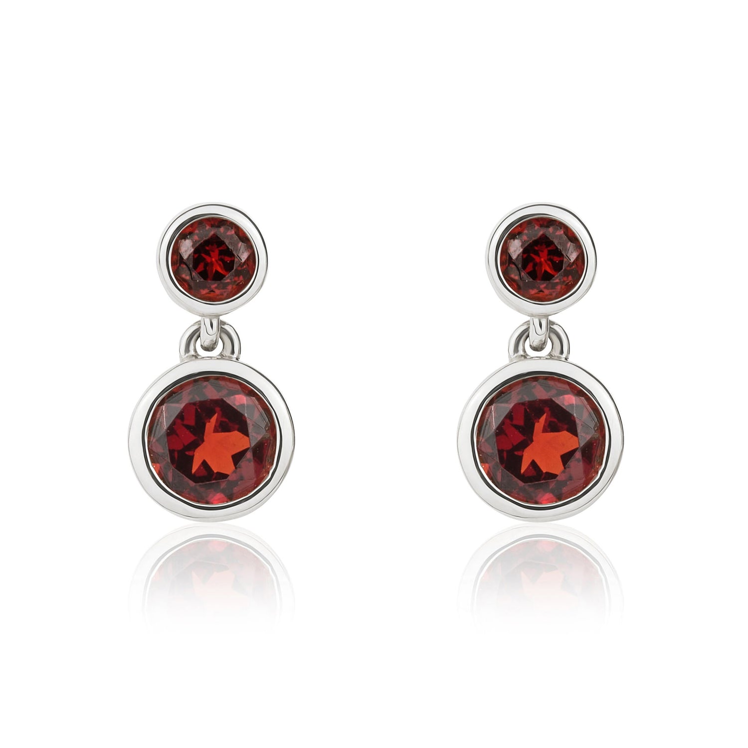 9ct White Gold Round Natural Garnet Double Stone Rubover Drop Earrings