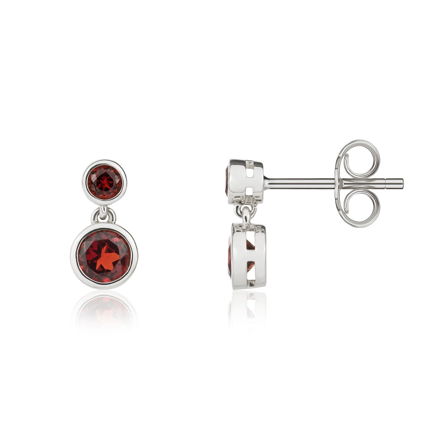 9ct White Gold Round Natural Garnet Double Stone Rubover Drop Earrings