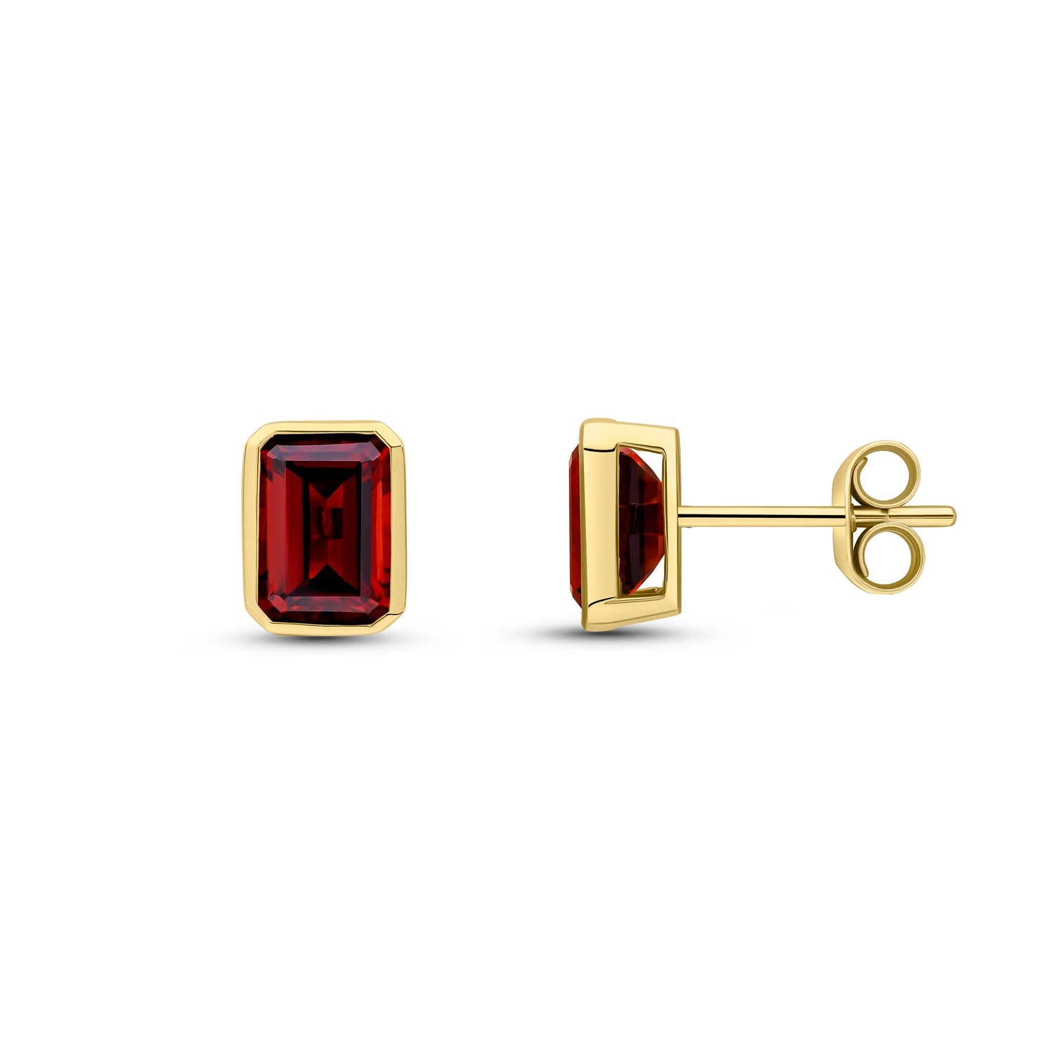 9ct Yellow Gold Octagonal Emerald Cut Natural Garnet Rubover Stud Earrings — 7x5mm