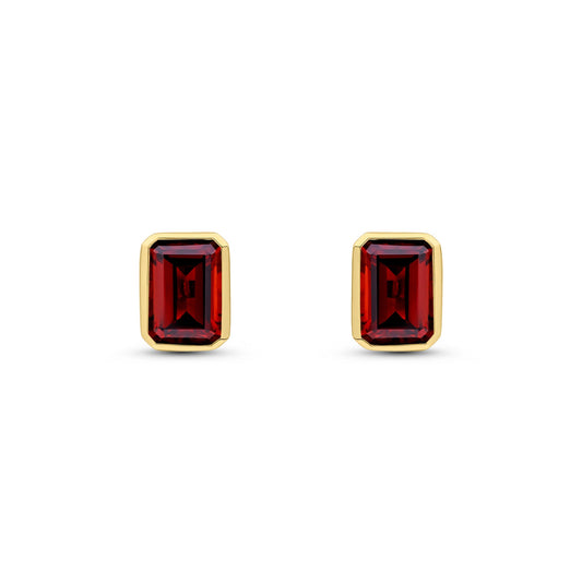9ct Yellow Gold Octagonal Emerald Cut Natural Garnet Rubover Stud Earrings — 7x5mm