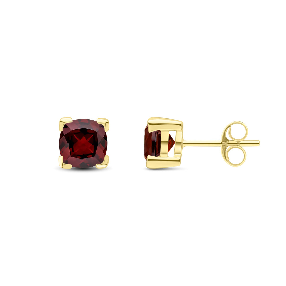 9ct Yellow Gold Cushion Natural Garnet Claw Stud Earrings — 6mm