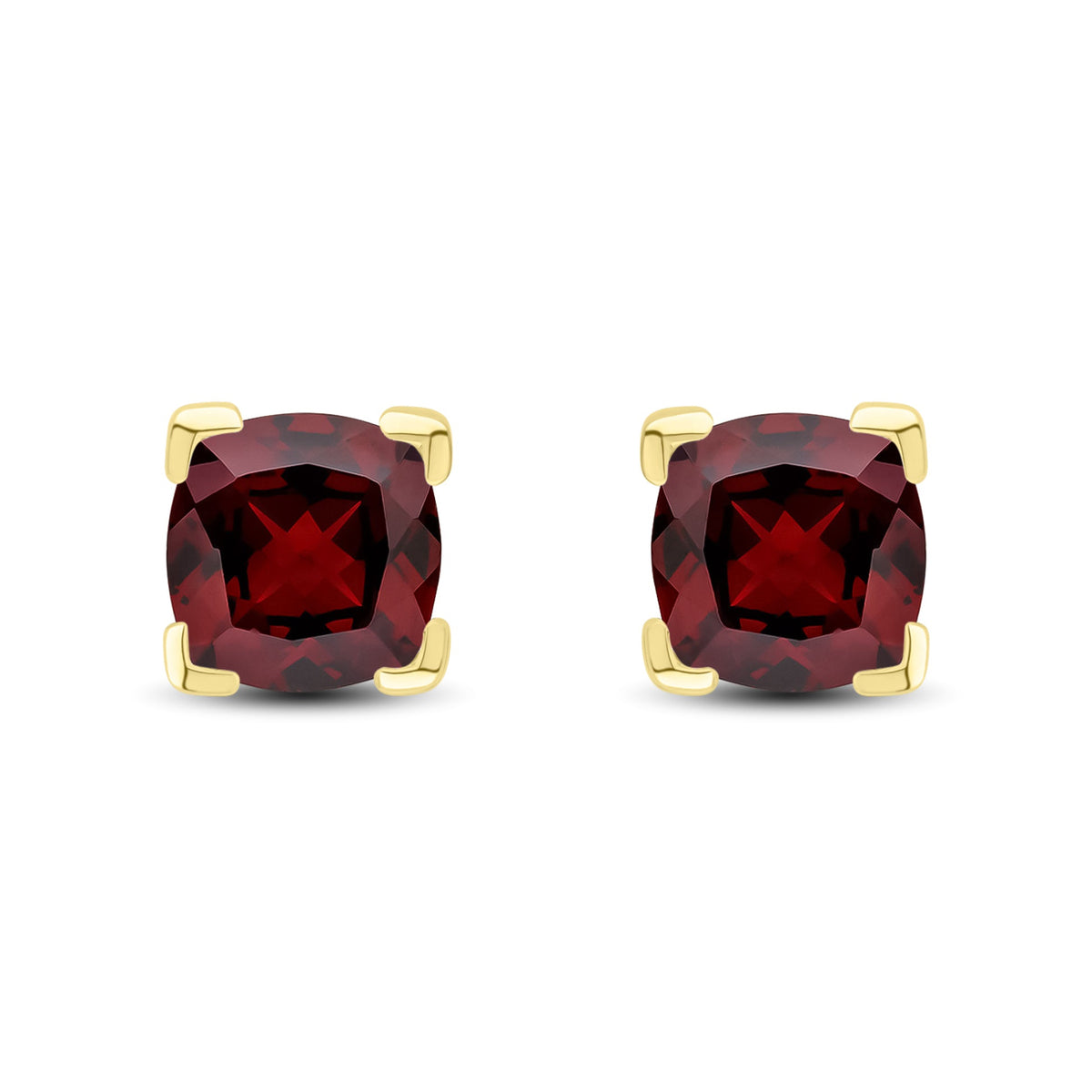 9ct Yellow Gold Cushion Natural Garnet Claw Stud Earrings — 6mm