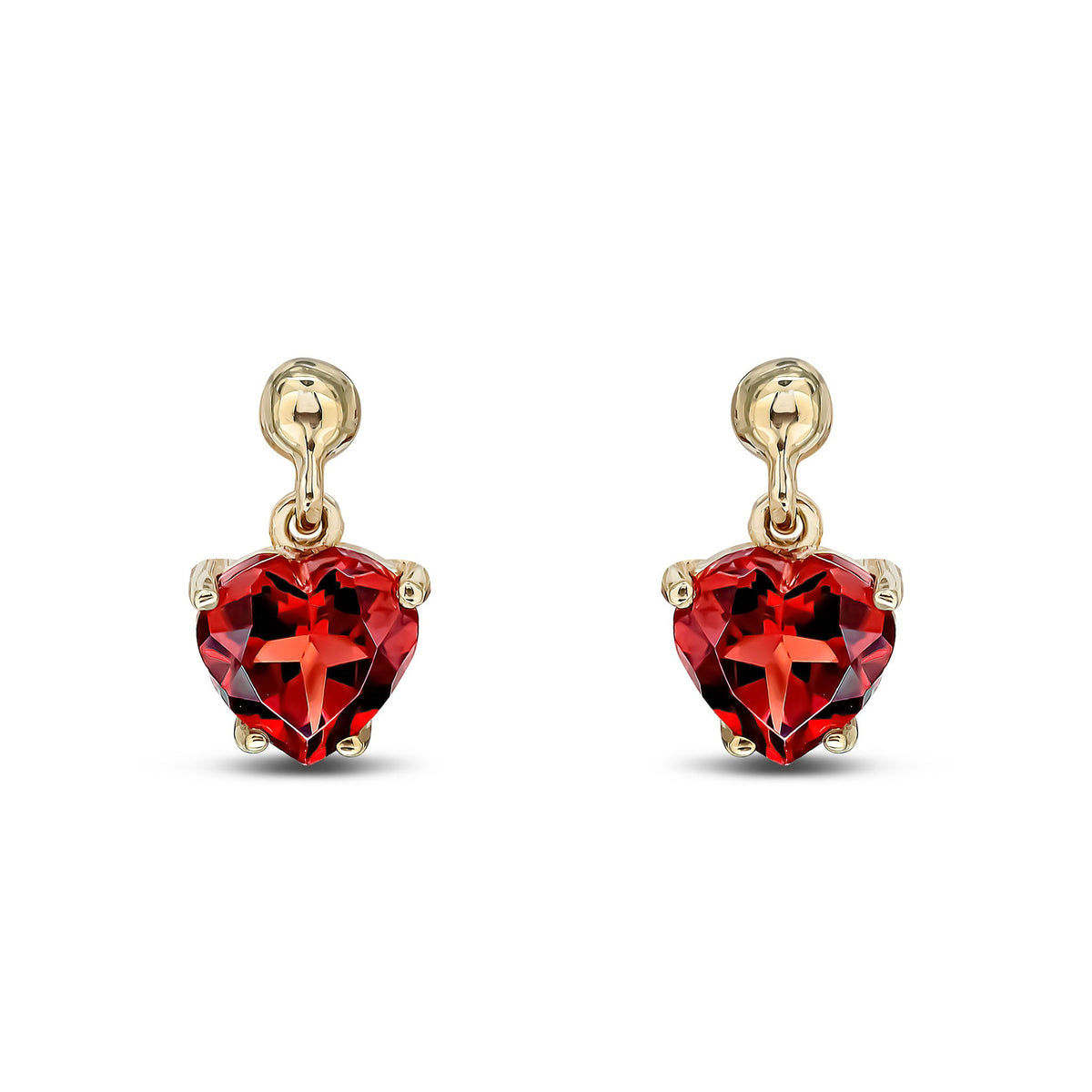 9ct Yellow Gold Heart Shaped Natural Garnet Claw Drop Earrings with Bead Top — 6mm