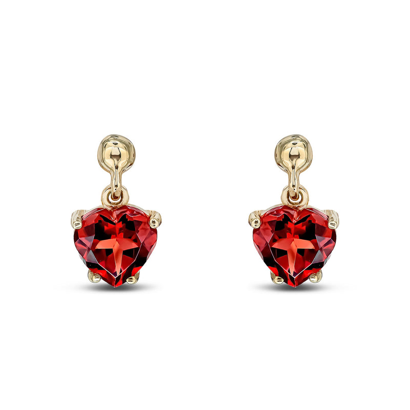 9ct Yellow Gold Heart Shaped Natural Garnet Claw Drop Earrings with Bead Top — 6mm