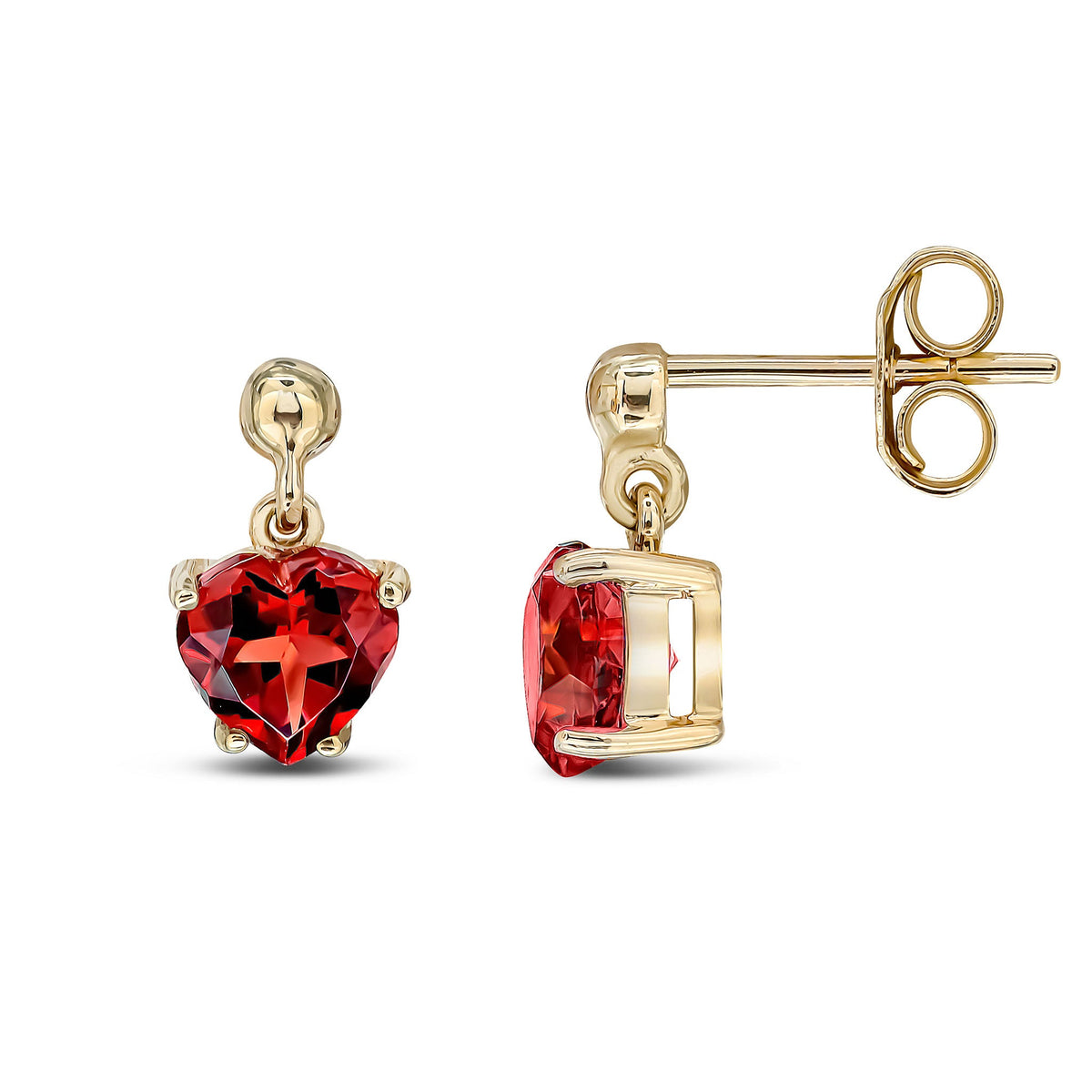 9ct Yellow Gold Heart Shaped Natural Garnet Claw Drop Earrings with Bead Top — 6mm