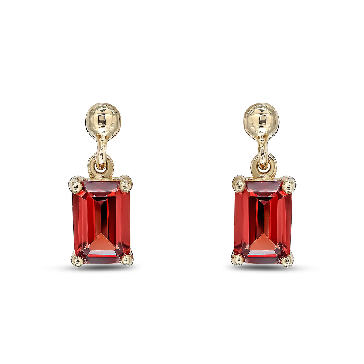 9ct Yellow Gold Octagonal Emerald Cut Natural Garnet Claw Drop Earrings — 6x4mm