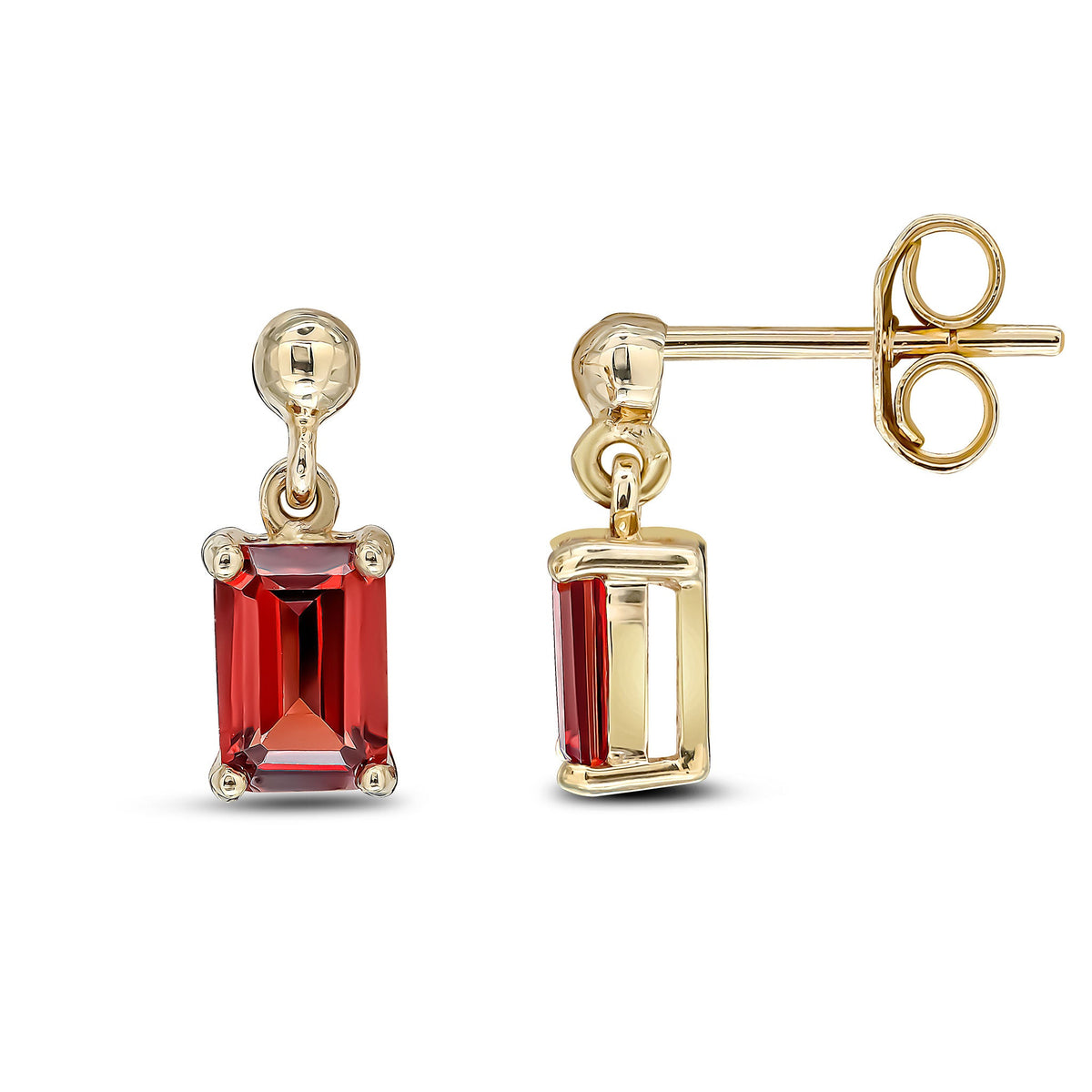 9ct Yellow Gold Octagonal Emerald Cut Natural Garnet Claw Drop Earrings — 6x4mm