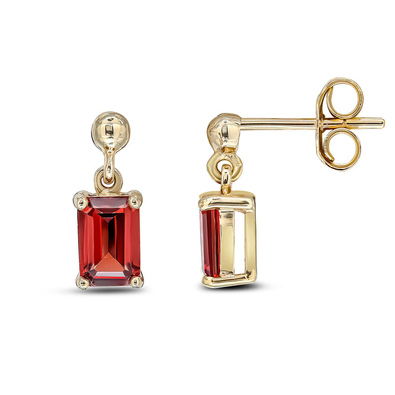 9ct Yellow Gold Octagonal Emerald Cut Natural Garnet Claw Drop Earrings — 6x4mm