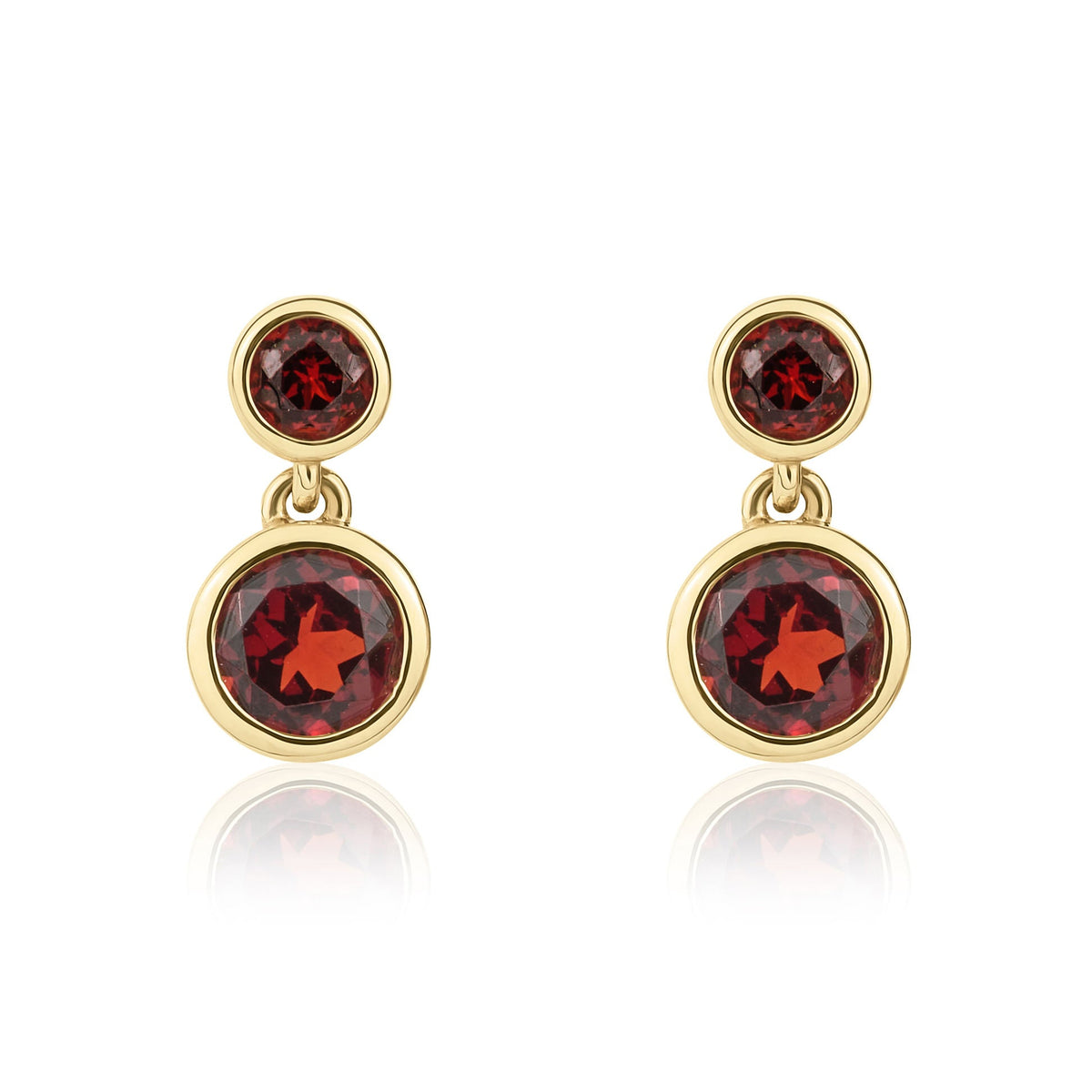 9ct Yellow Gold Round Natural Garnet Two Stone Rubover Drop Earrings