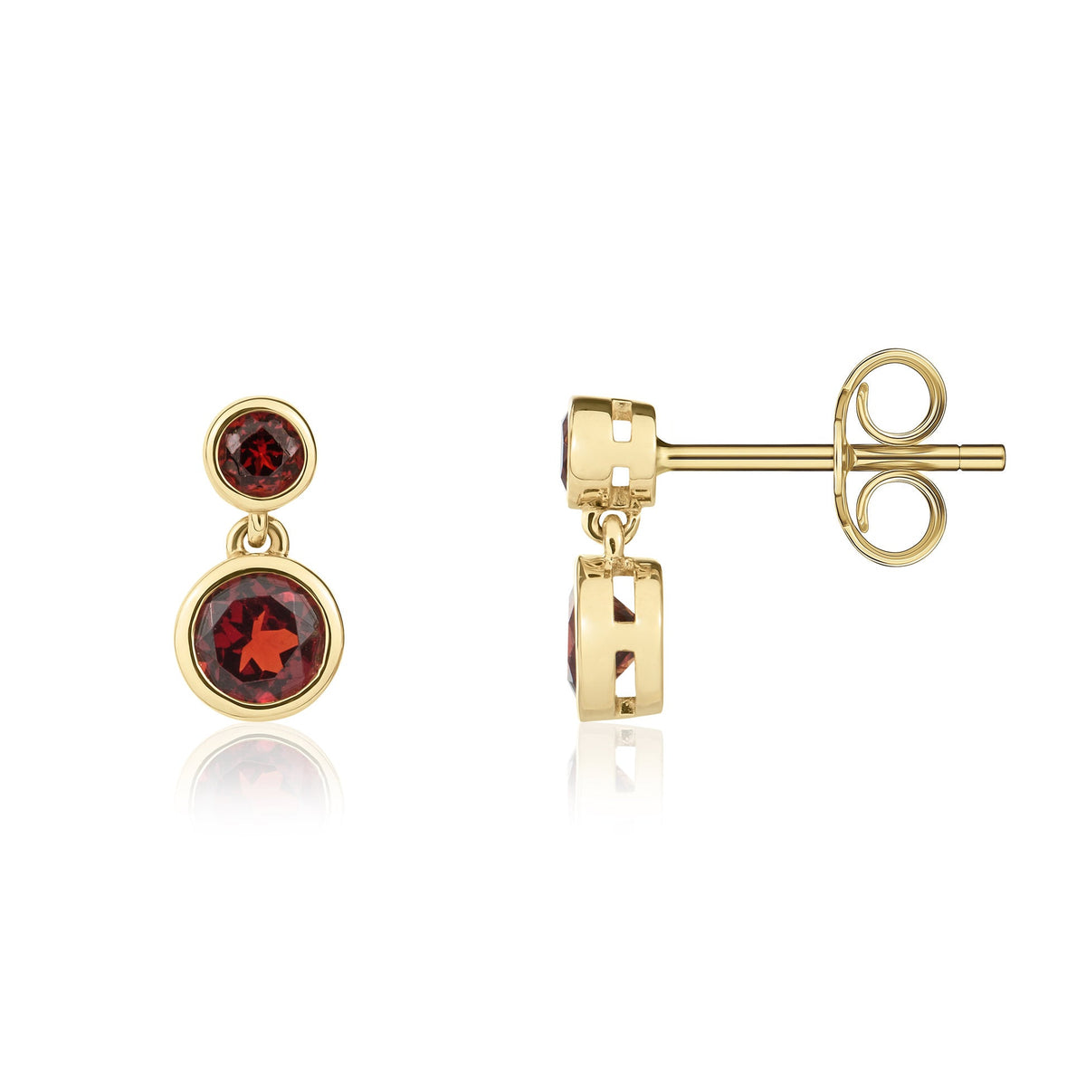 9ct Yellow Gold Round Natural Garnet Two Stone Rubover Drop Earrings