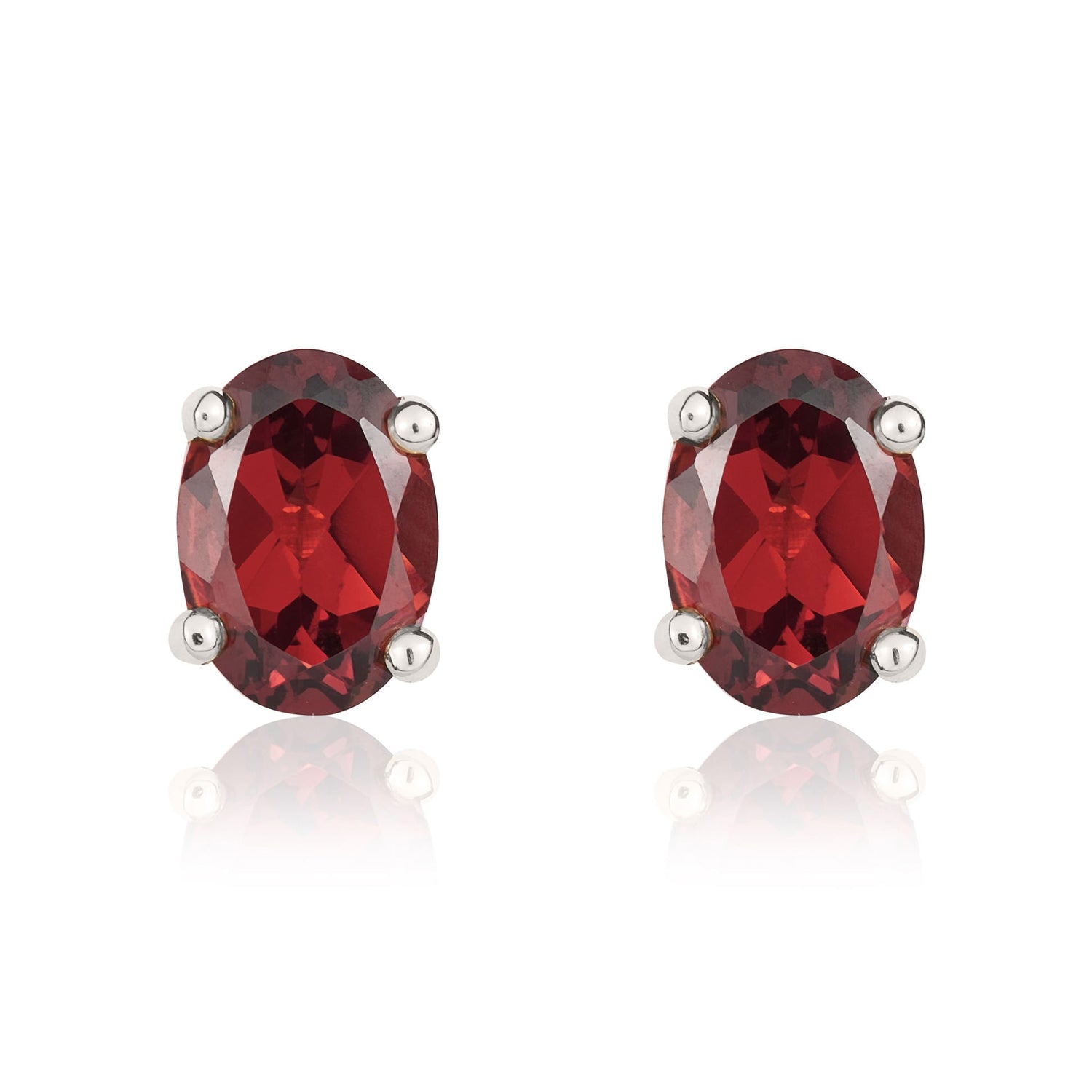 9ct White Gold Oval Natural Garnet Claw Stud Earrings — 7x5mm